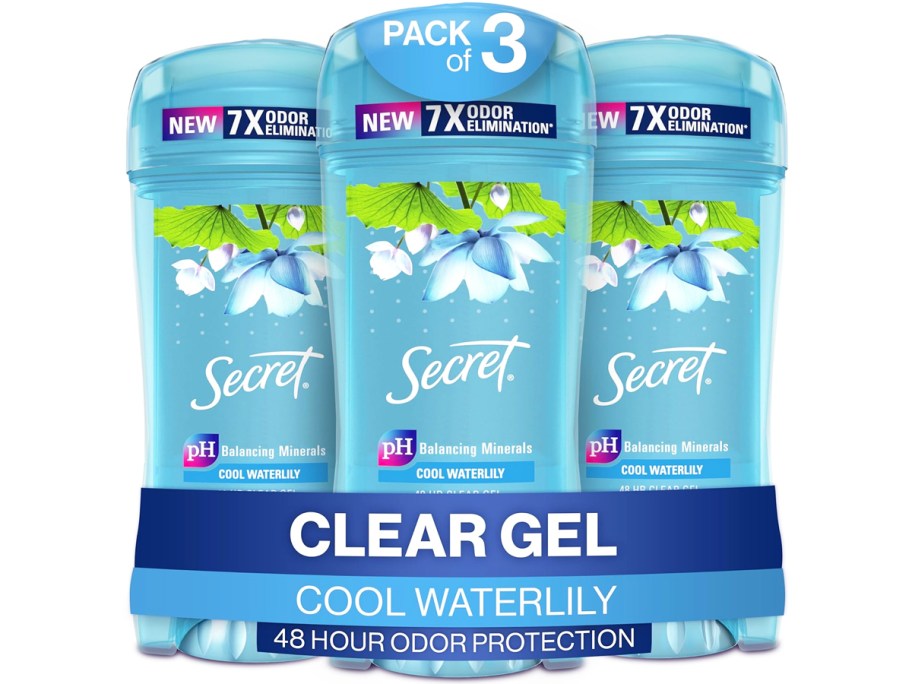 three sticks of Secret Clear Gel Antiperspirant/Deodorant in Waterlily scent