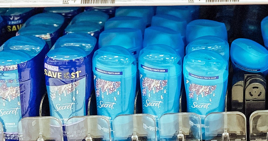 row of secret deodorants on store shelf