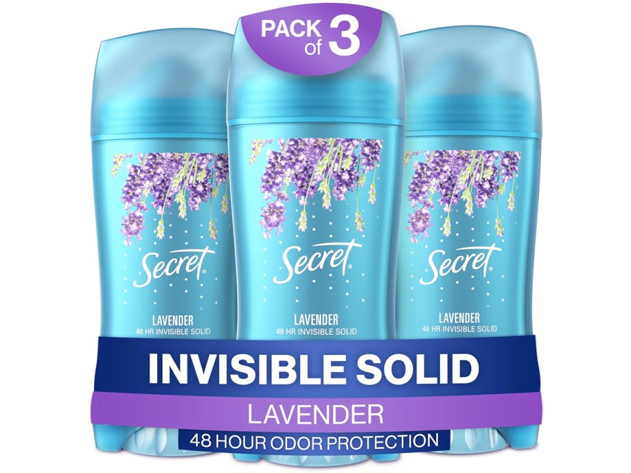 three sticks of Secret Invisible Solid Antiperspirant/Deodorant in Lavender scent