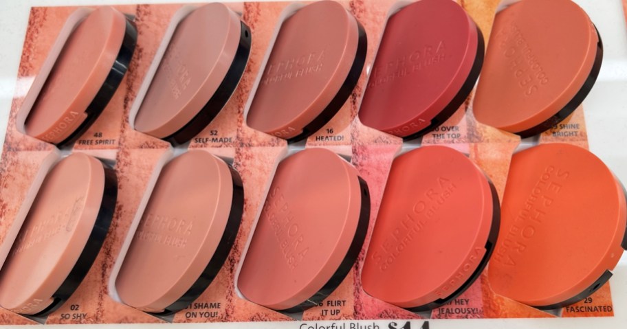 multiple shades of blush on display in store