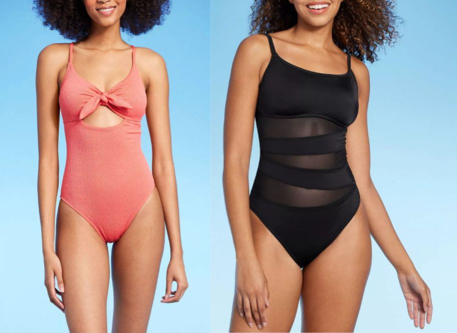 two female models wearing one piece swimsuits 