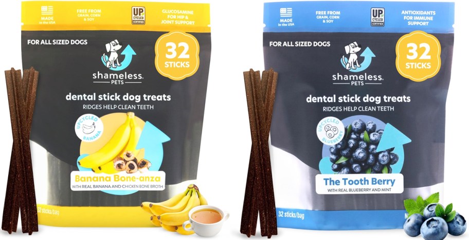 yellow and blue bags of shameless pets dog treats