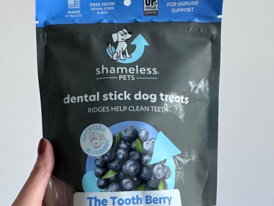 Hand holding a bag of Shameless Pets Blueberry Dental Stick Treats