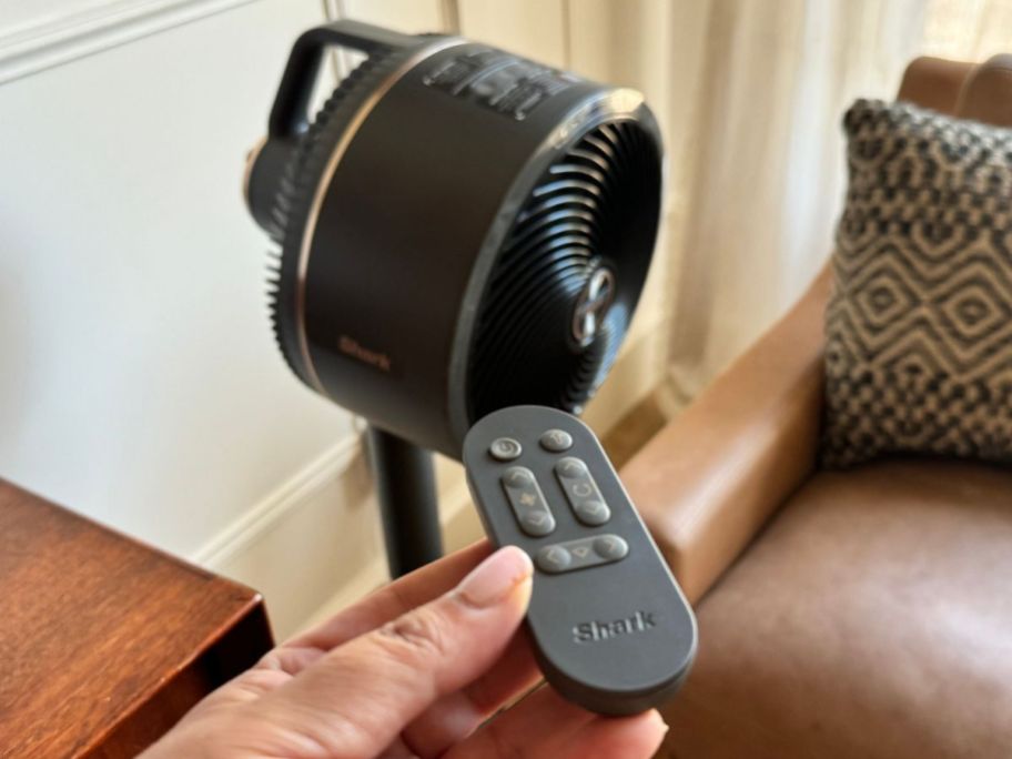 Hand holding a remote in front of the Shark FlexBreeze fan