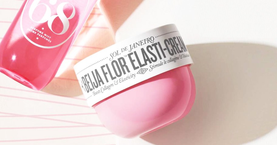 pink and white jar of Sol de Janeiro Beija Flor Elasti-Cream