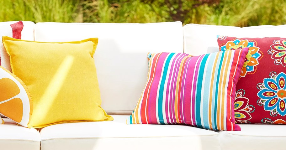 colorful throw pillows on outdoor couch