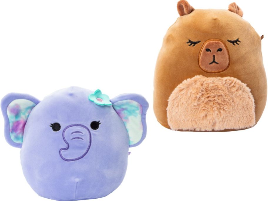 Stock images of an elephant and a capybara squishmallow from Five Below