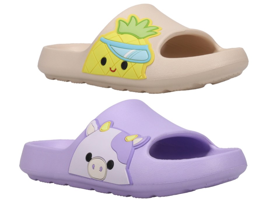 Squishmallow pineapple and cow print slides