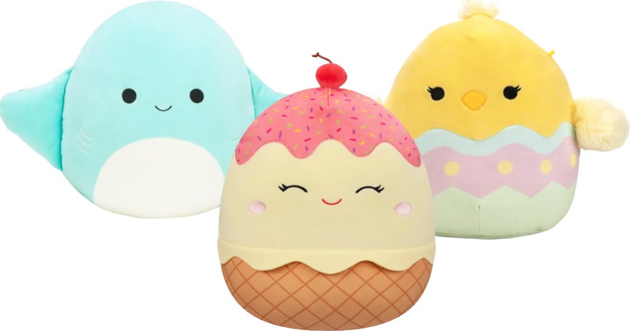 squishmallows stringray, easter chick, and ice cream plush