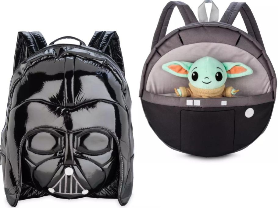 Stock images of a Darth Vade Backpack and a Grogu Backpack