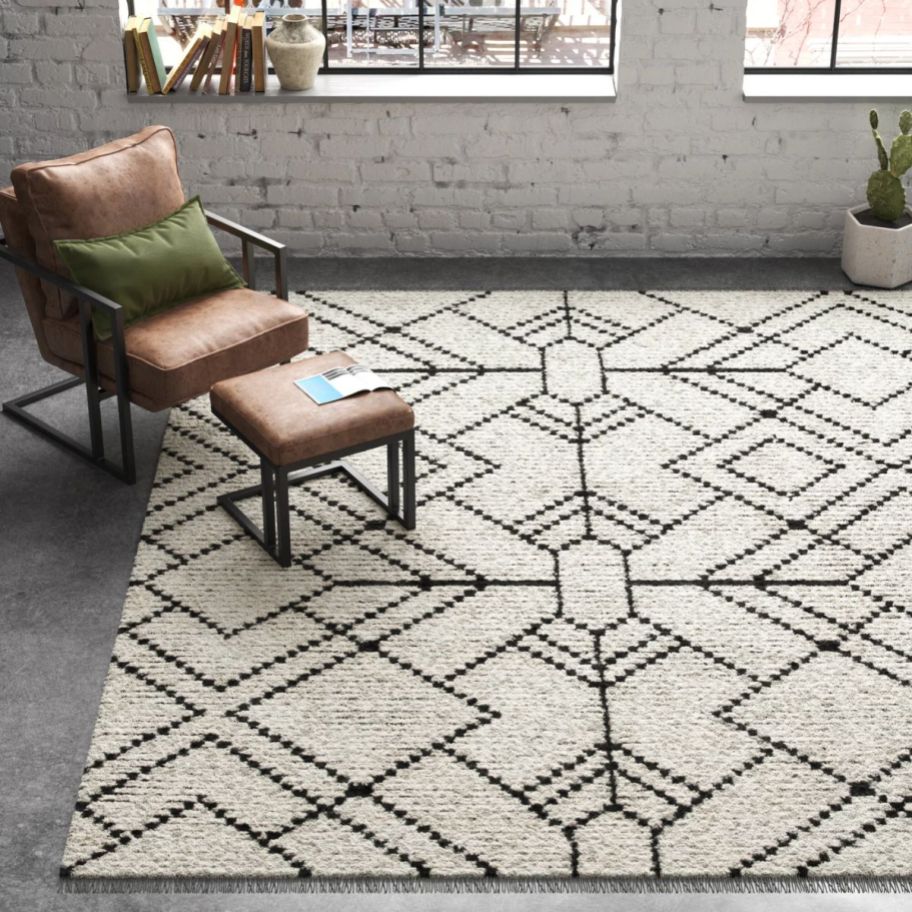 a textured shag rug with a geometric pattern