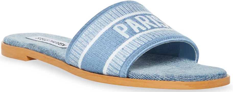 blue slide sandal that say paris on the top