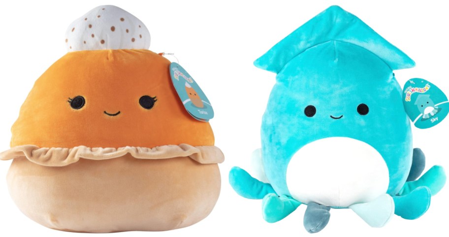Stock image of Squishmallows in pumpkin pie and squid