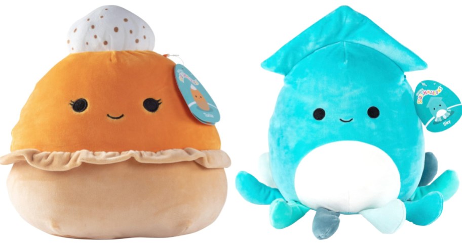 Stock image of Squishmallows in pumpkin pie and squid