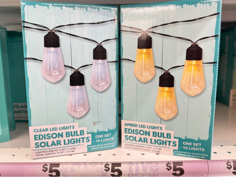 Store display of solar lightbulb string lightswith $5 price underneath