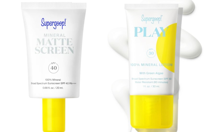 two white and yellow tubes of Supergoop sunscreen