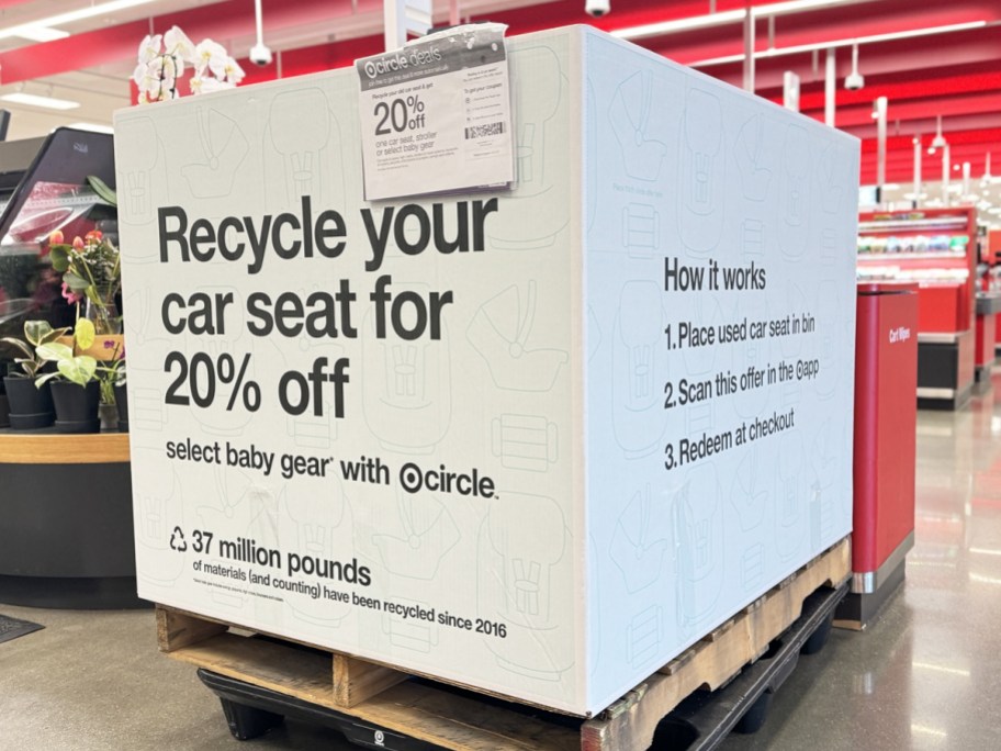 large white box to recycle car seats near checkout in target store