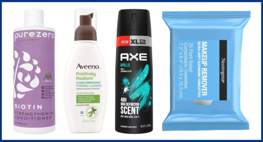 shampoo, face wash, deodorant and face wipes