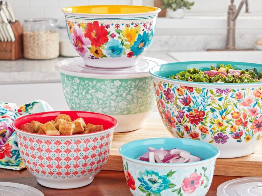 The Pioneer Woman Petal Party Melamine 10-Piece Mixing Bowl Set in kitchen