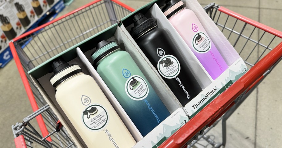 2-pack sets of stainless steel water bottles in top of shopping cart