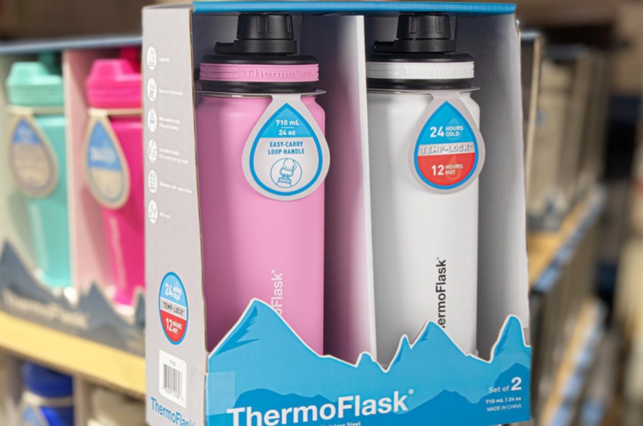 pack of pink and white stainless steel water bottles in store