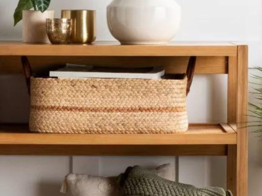 A tan Threshold Basket on a shelf 