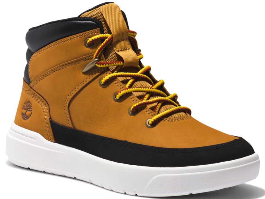 tan and blue timberland high top sneaker