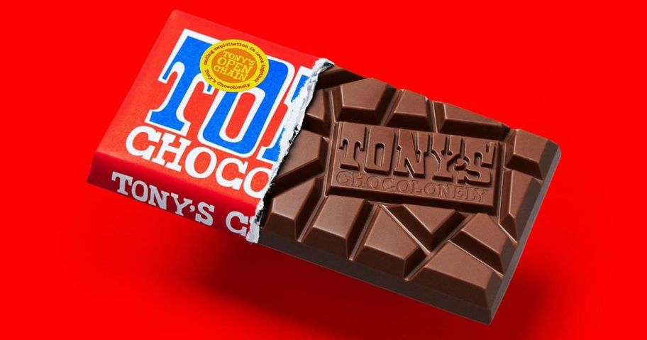 A half-unwrapped Tony's Chocolonely candy bar