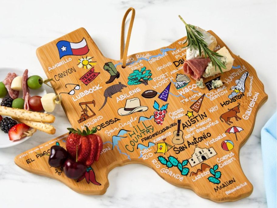 A cutting board in the shape of Texas