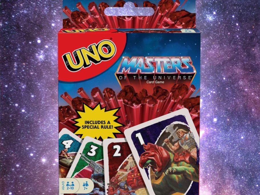 UNO Masters of the Universe Card Game with galaxy behind it