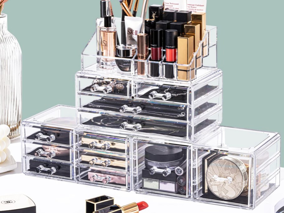 Makeup Organizer filled with makeup and beauty tools