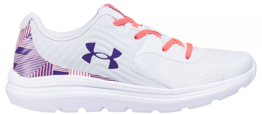 white, purple, and pink under armour running shoe