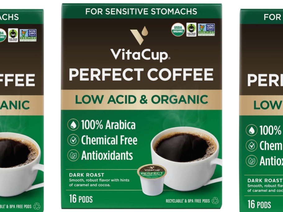 boxes of VitaCup Perfect Low Acid Coffee Pods