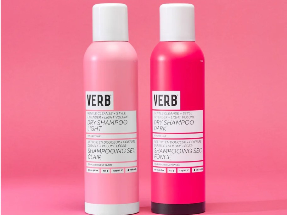 2 bottles of Verb dry shampoo on a pink background