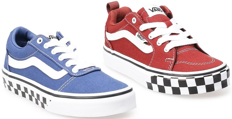 blue and red vans kids shoes with checkered print on soles