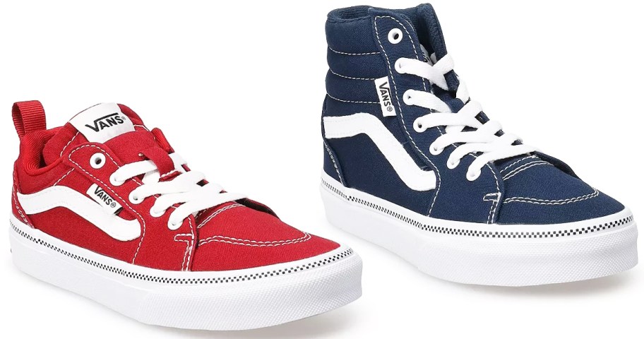 red low-top and blue high-top vans sneakers