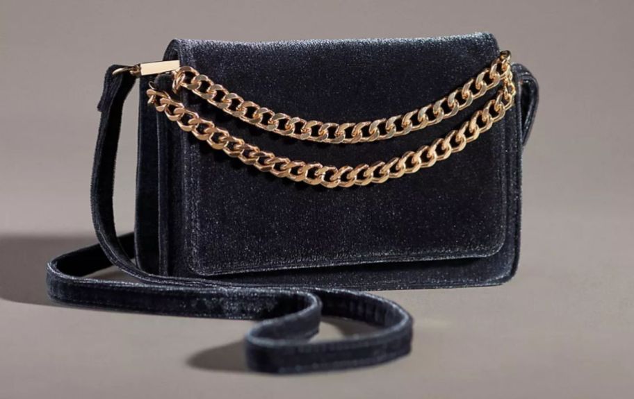 gray Velvet Crossbody Wallet with gold chain details