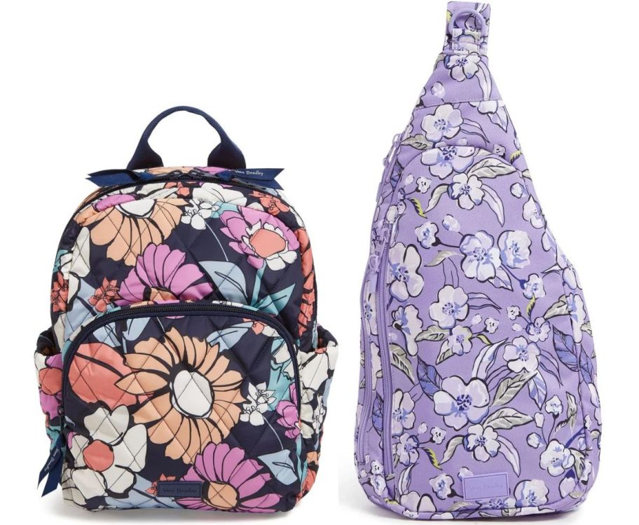 a compact floral print backpack and floral print sling backpack