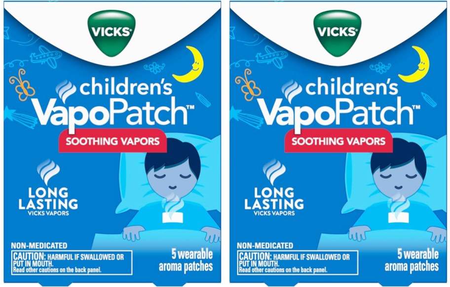 two blue and white boxes of Vicks Children's VapoPatches