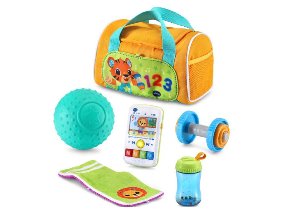 A child's pretend exercise toy set with a bag, ball, dumbbell, and more. 