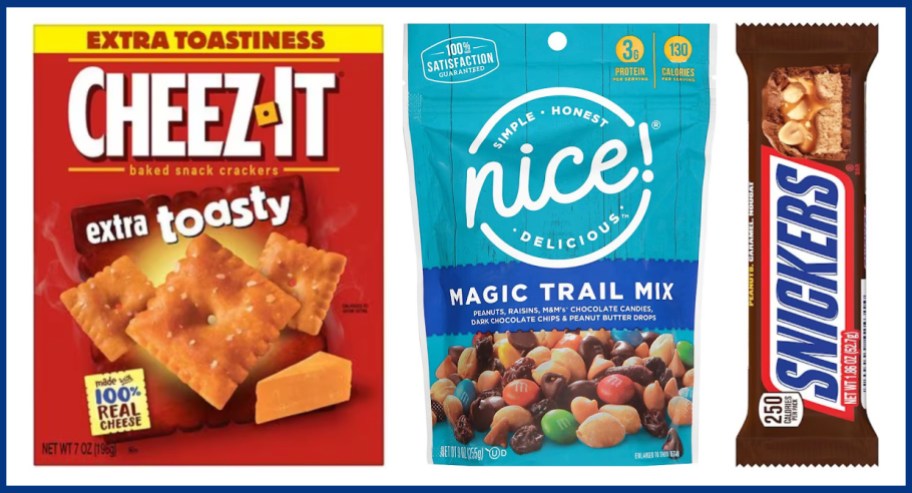 cheese crackers, trail mix and candy bar