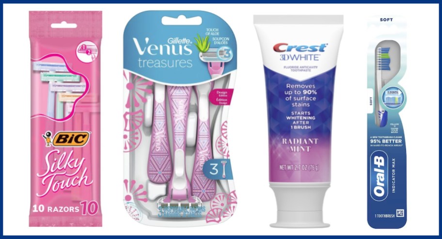 razors, toothpaste and toothbrush