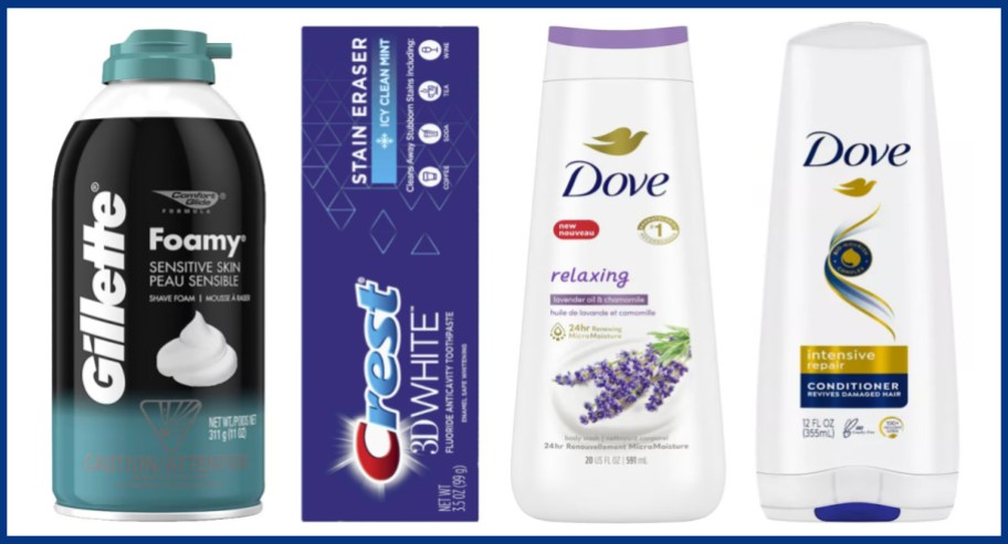 shave cream, toothpaste, body wash and shampoo