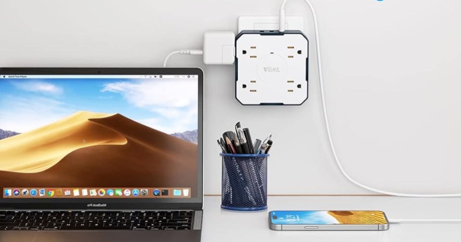 Weimil Wall Outlet Extender plugged into macbook and ipad