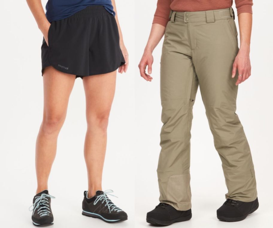two female models - one wearing shorts the other is wearing goretex pants