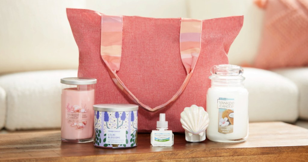 pink tote with candles