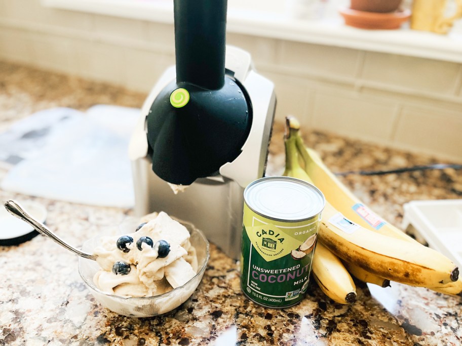 Yonanas frozen treat maker, bowl of soft serve, coconut milk, and bananas on kitchen counter
