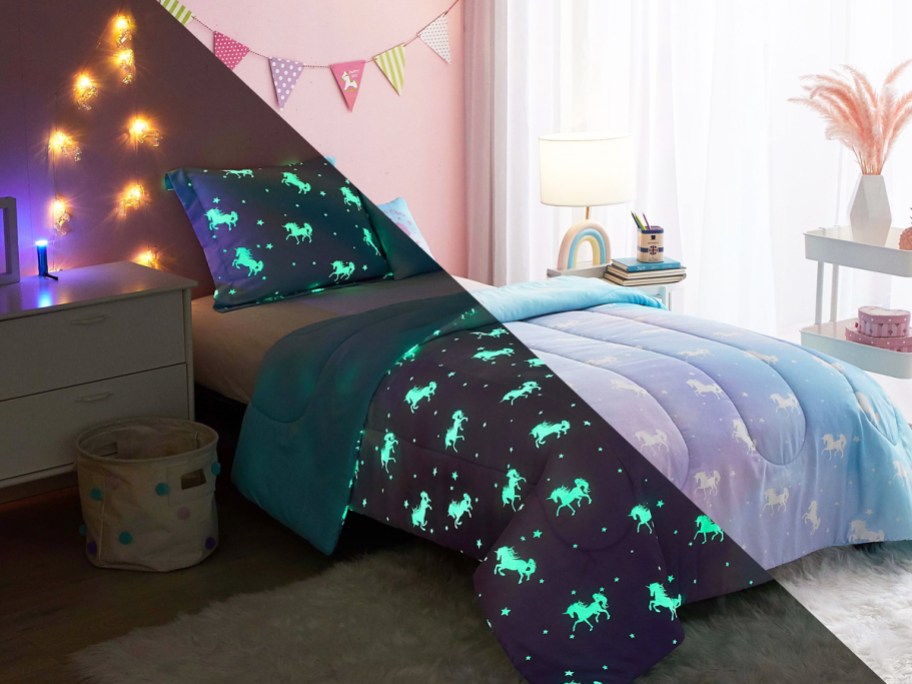 girls unicorm themed room in dark and light showing glow in the dark unicorns and string lights