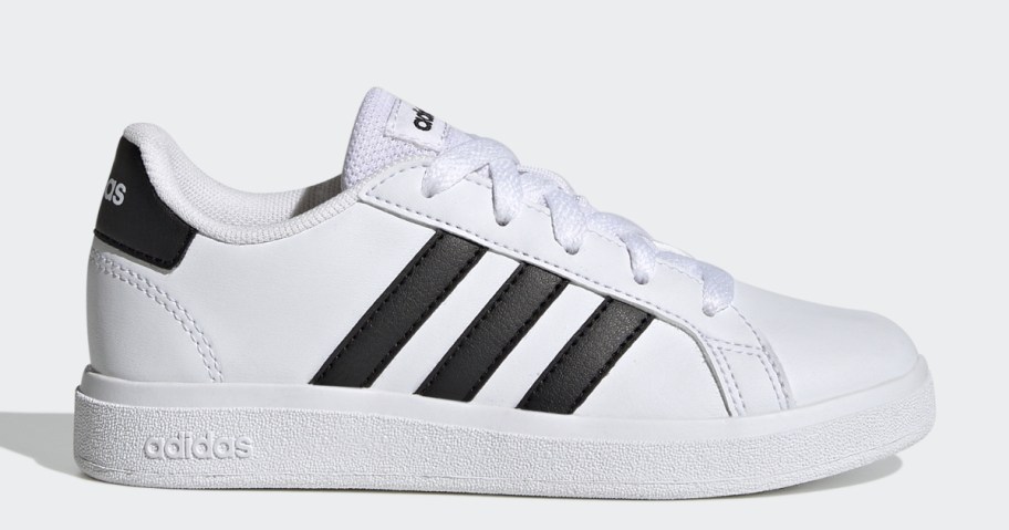 kid's adidas court shoe in white with black accents