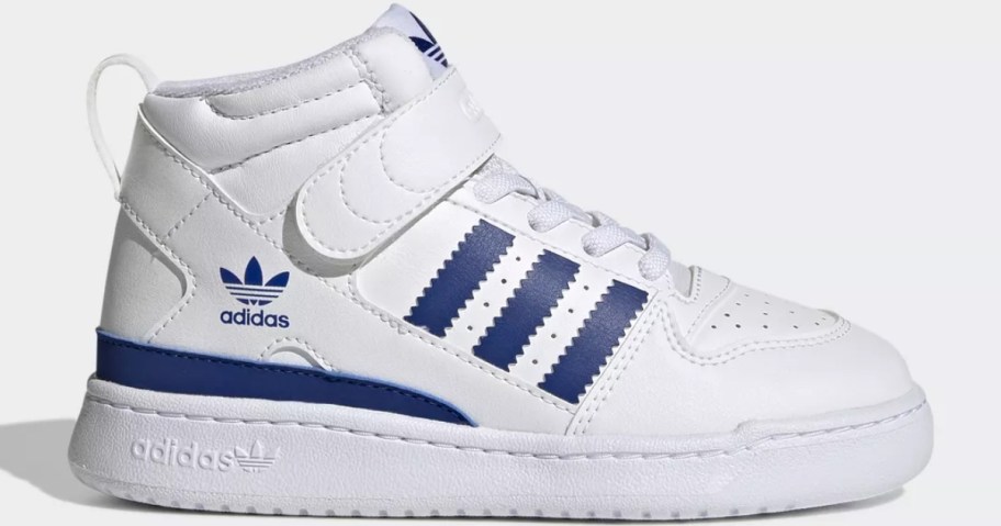 white and blue kid's mid-top adidas shoe